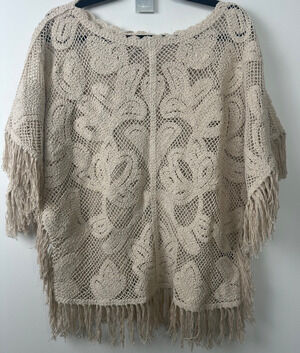 Boston Proper|Womens Woven XS/S Pullover Top Blouse Flowy Poncho Fringe A42